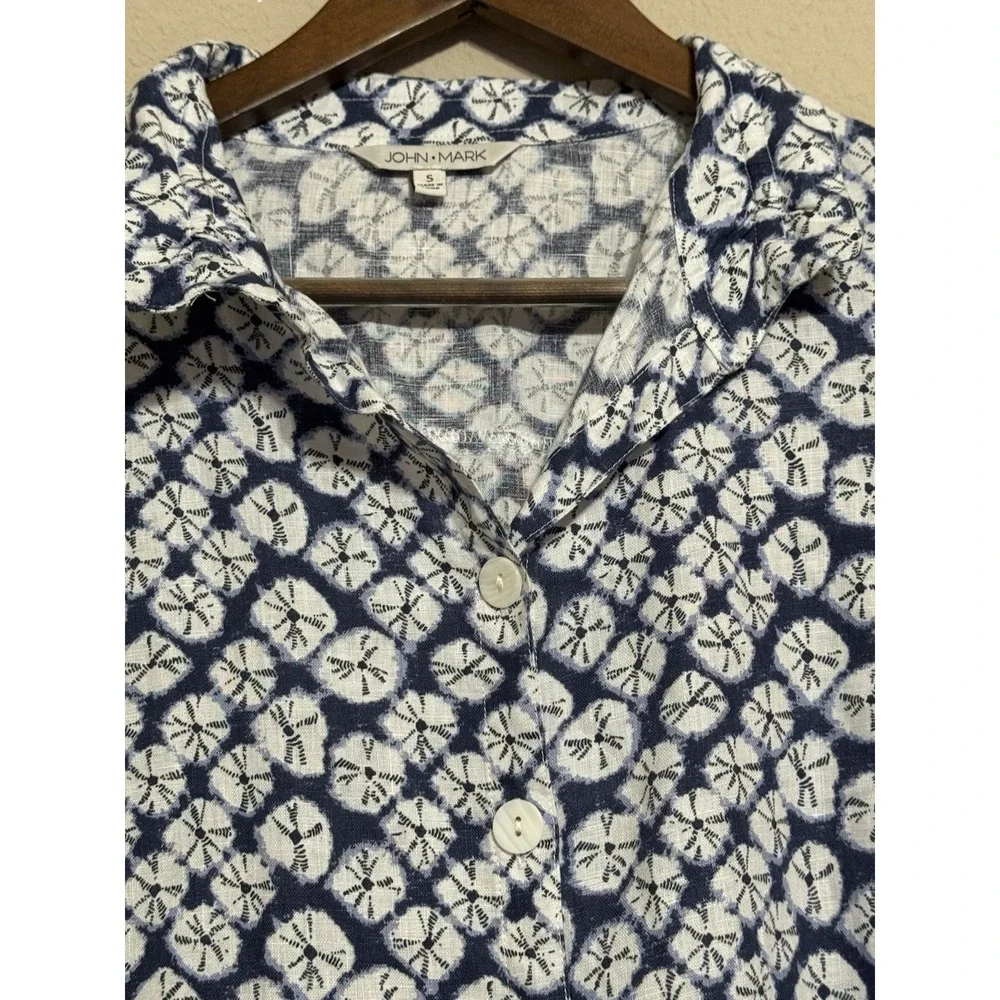 John Mark Women's Linen Tunic Top Small Button Up Pockets Roll Tab Coastal Beach - Picture 2 of 11